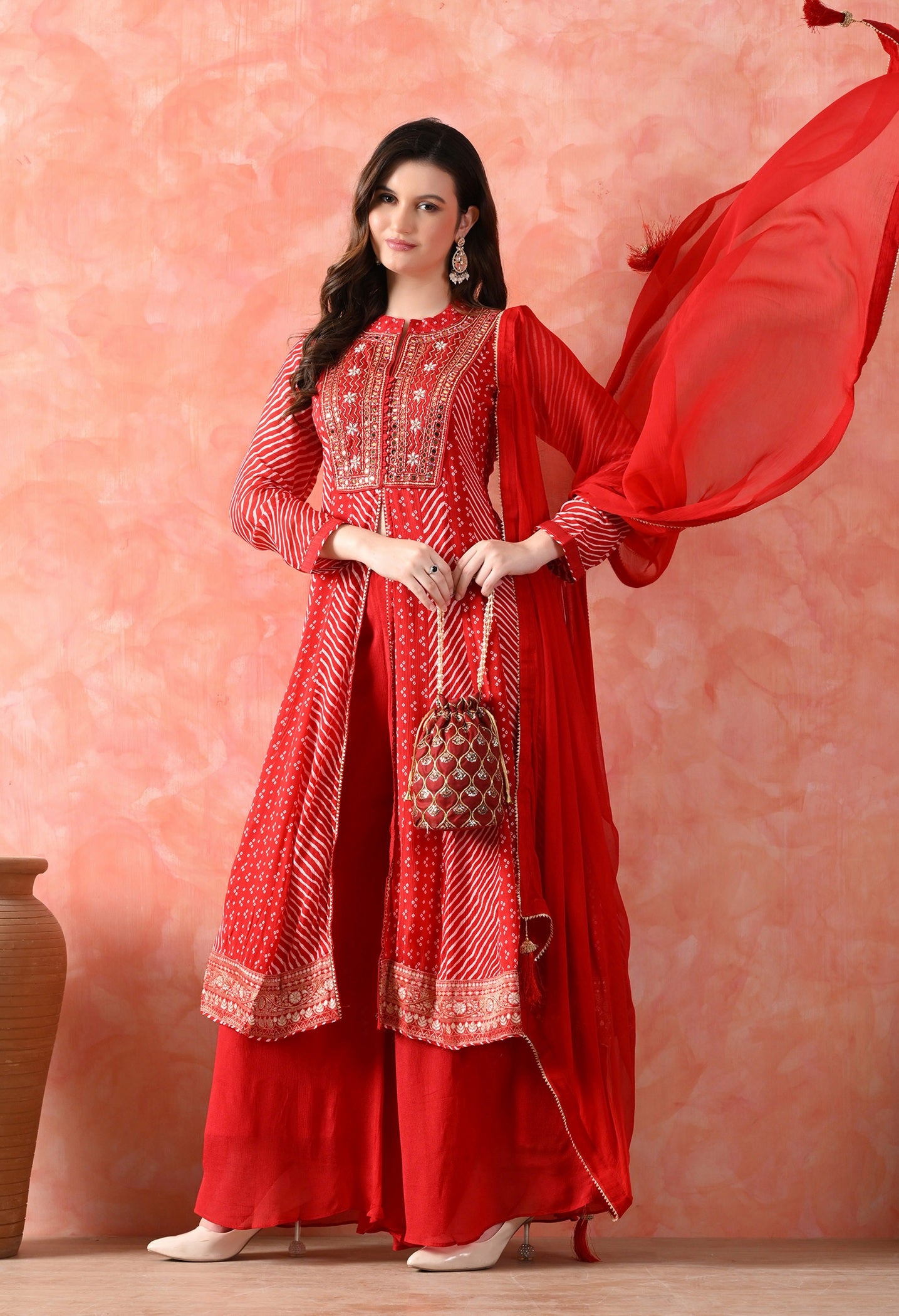 Red Anarkali Set with Mirror & Pearl Work