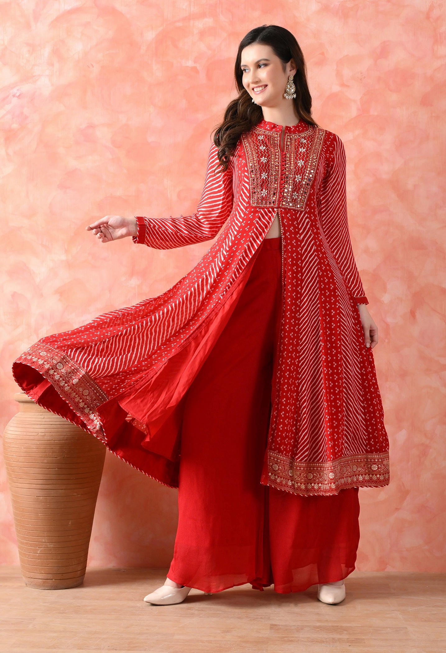 Red Anarkali Set with Mirror & Pearl Work