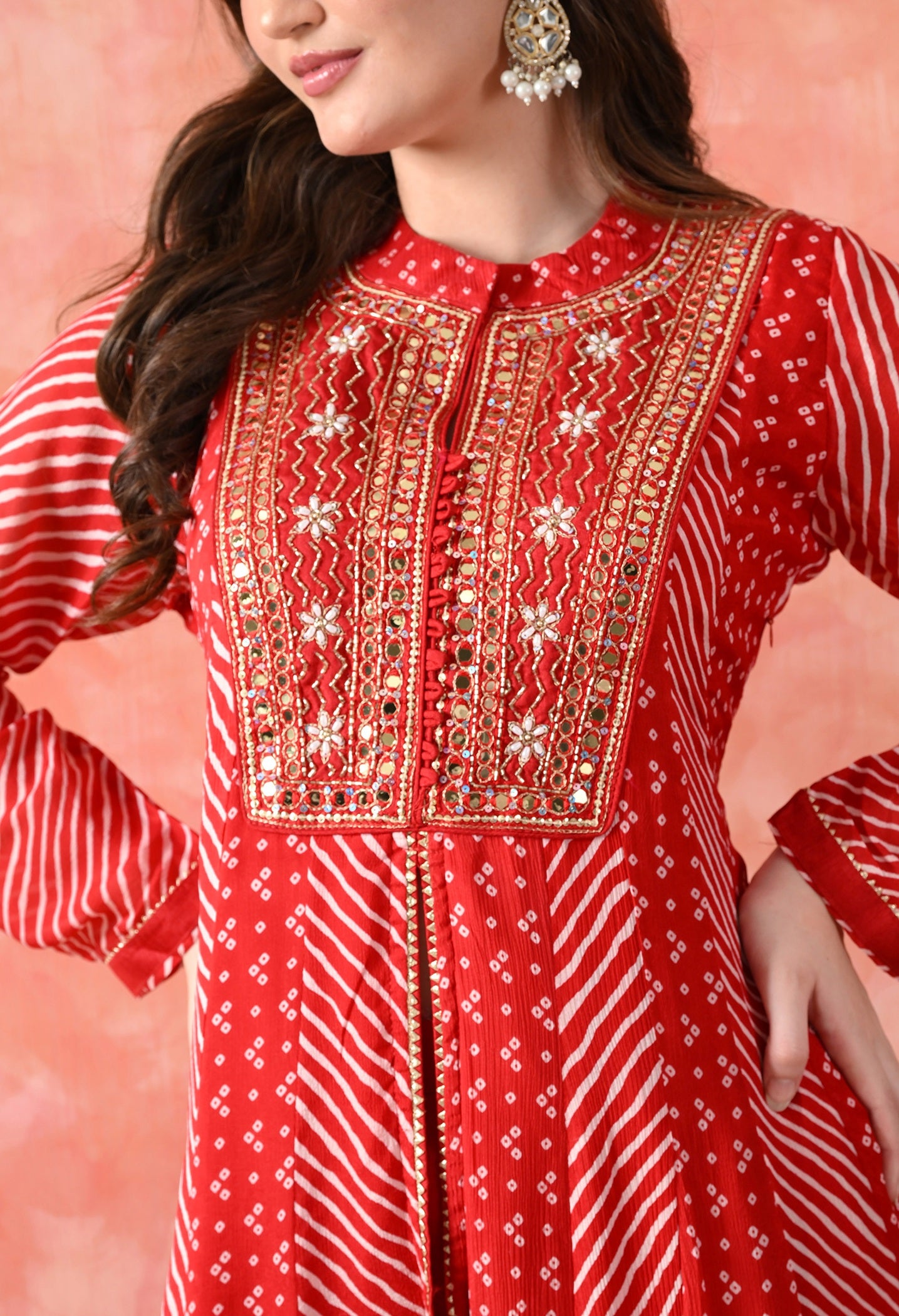 Red Anarkali Set with Mirror & Pearl Work