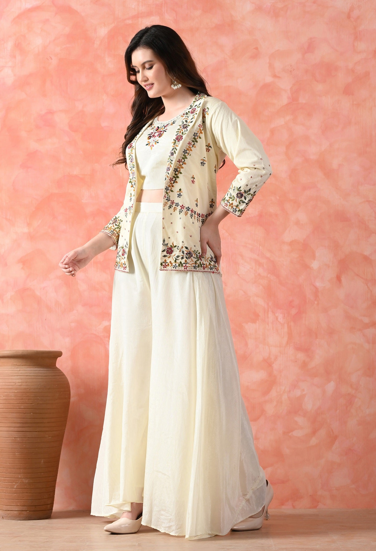 Cream Thread Work Indo Western Set