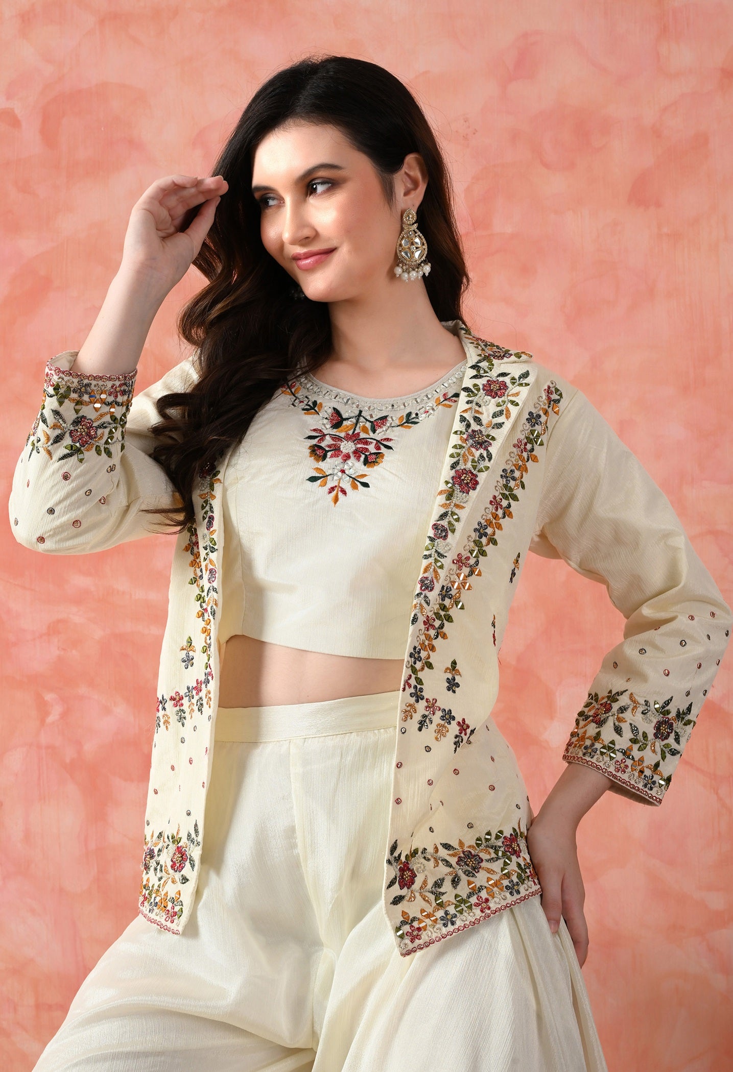 Cream Thread Work Indo Western Set