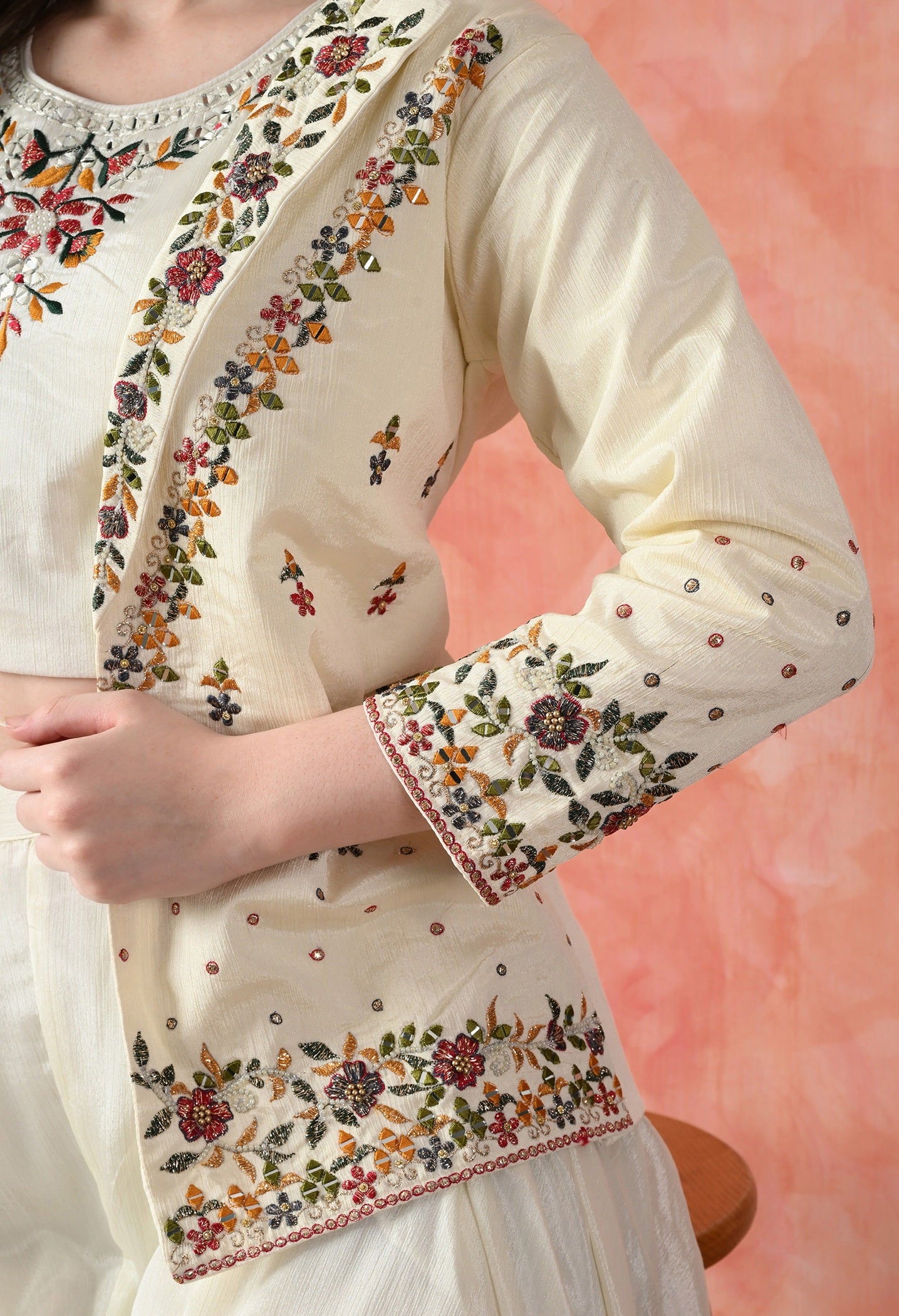 Cream Thread Work Indo Western Set