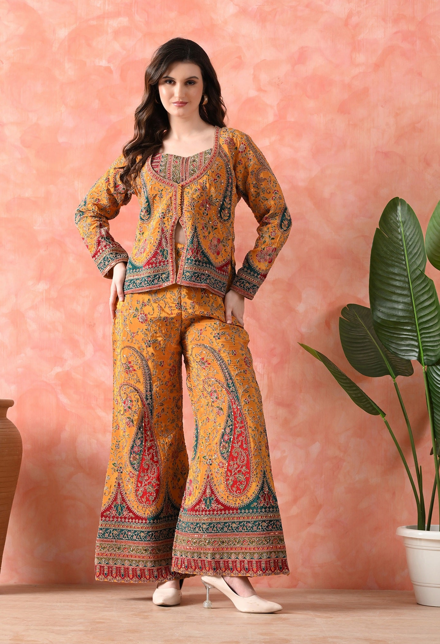 Yellow Indo-Western Set with Zardozi Work