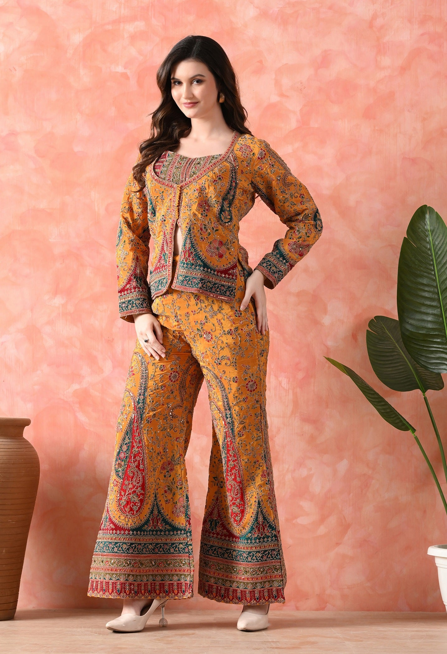 Yellow Indo-Western Set with Zardozi Work