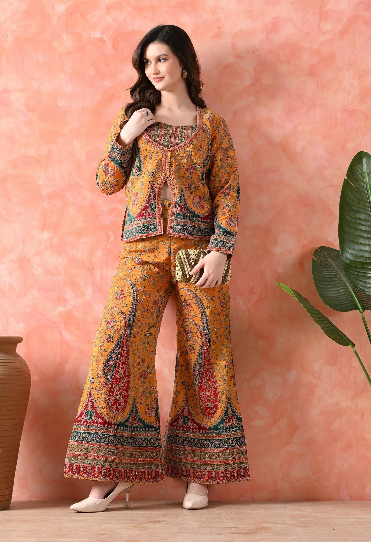 Yellow Indo-Western Set with Zardozi Work