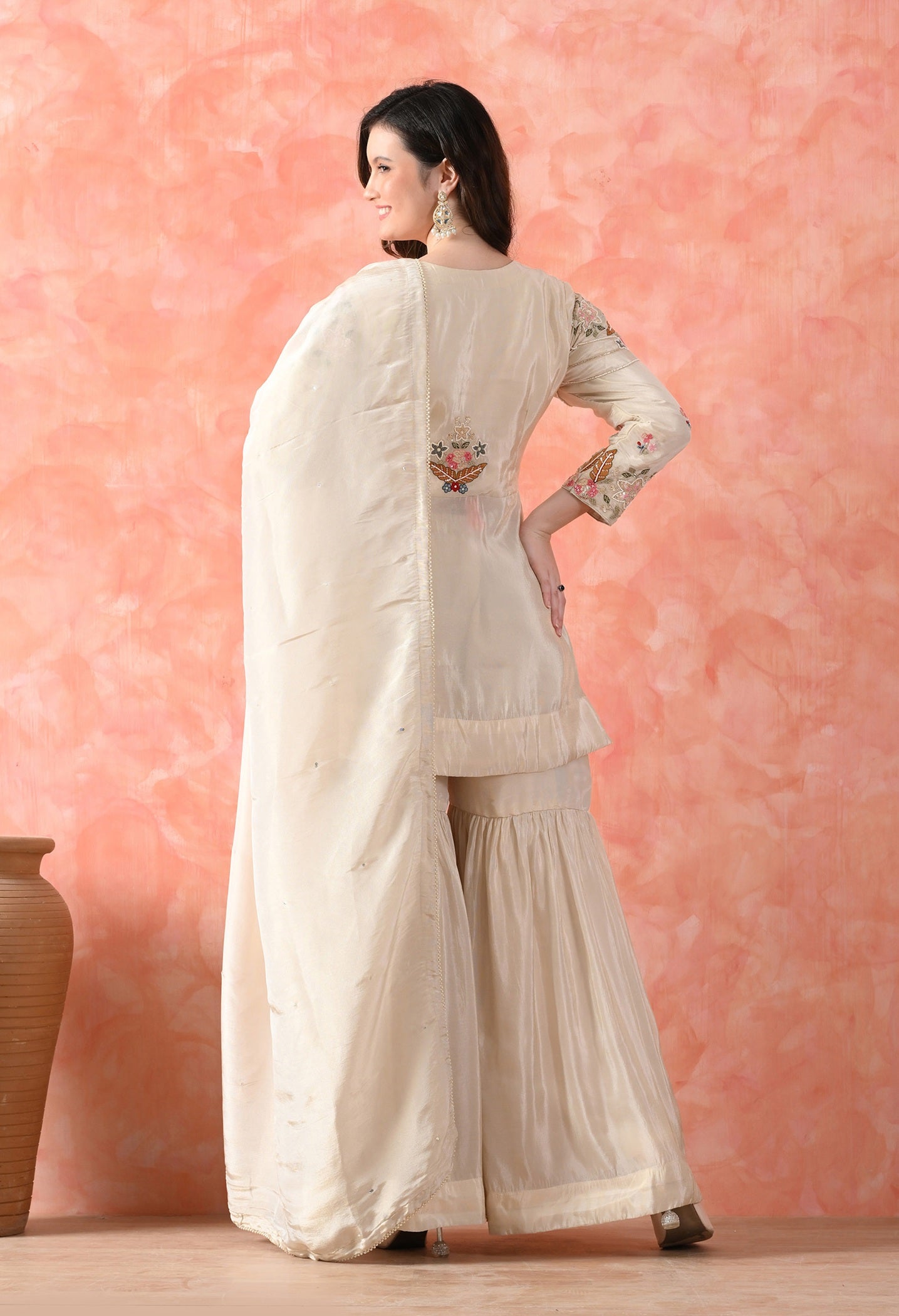 Golden Cream Thread Work Gharara Set