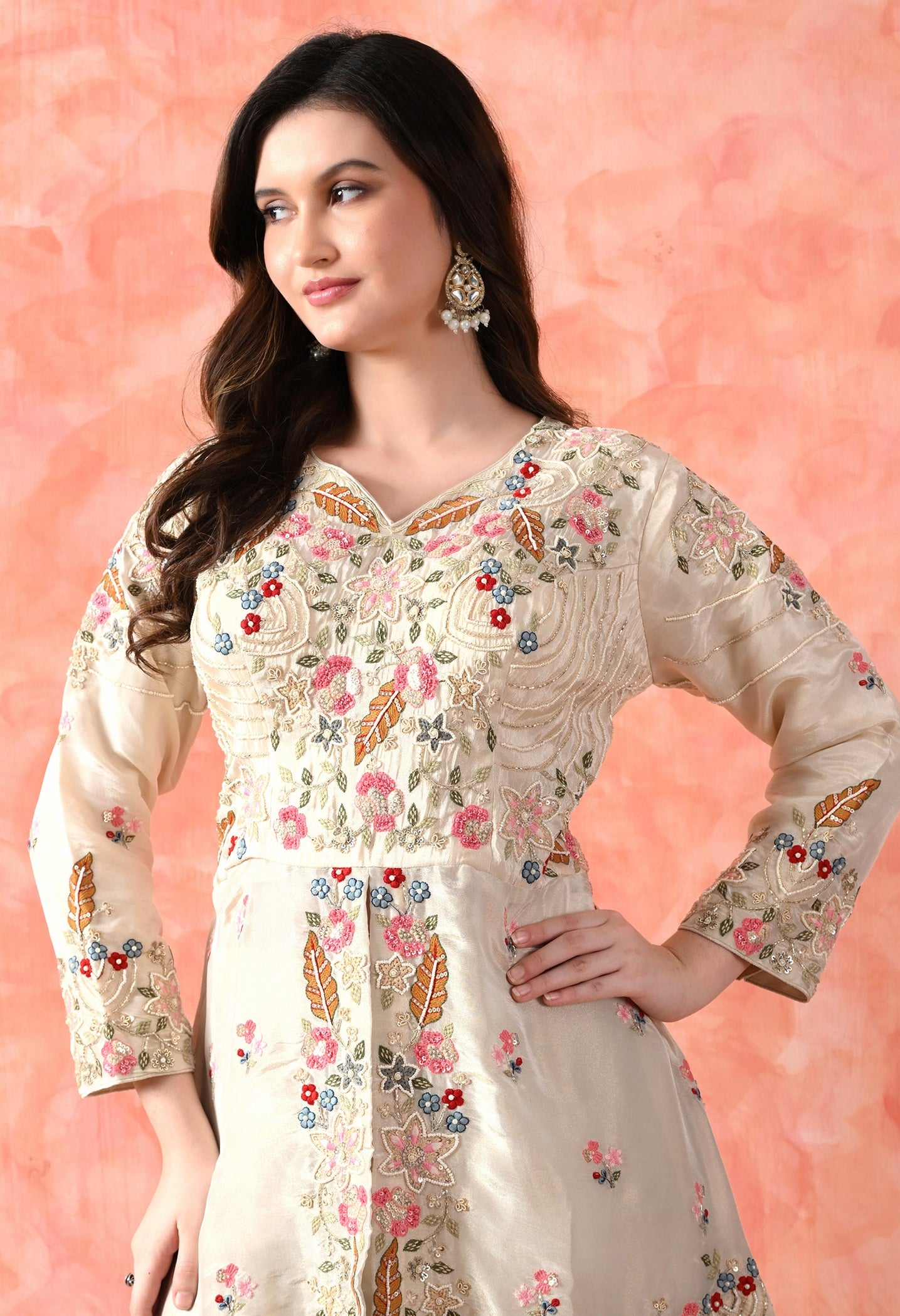 Golden Cream Thread Work Gharara Set