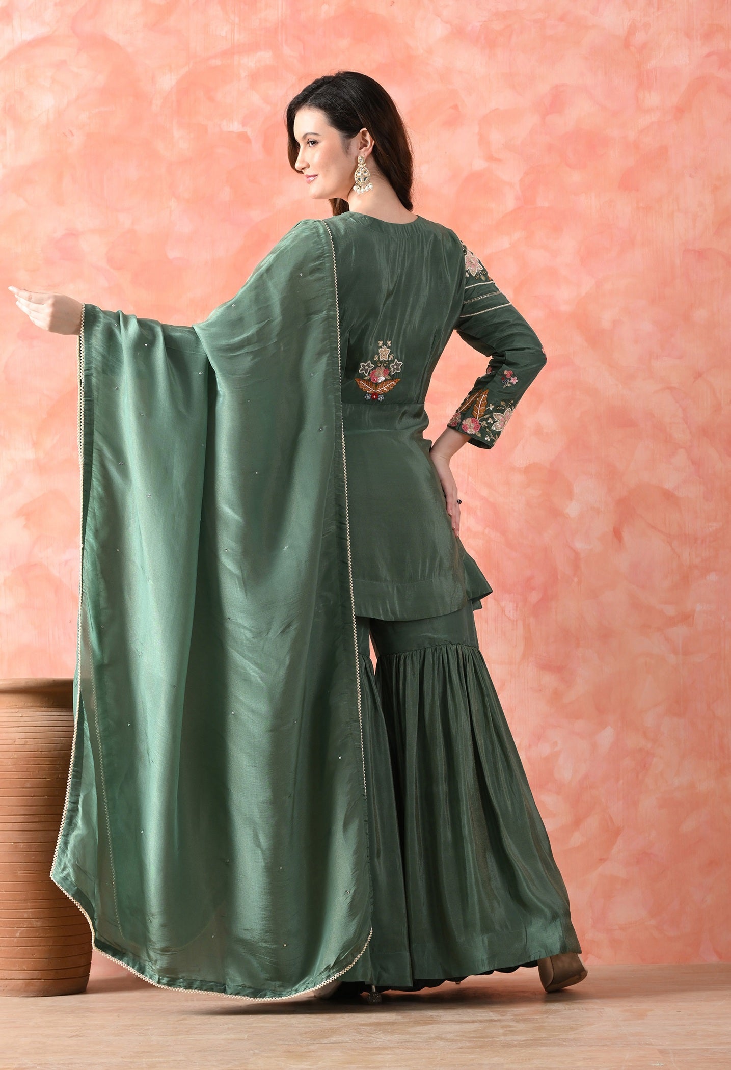 Green Thread Work Tissue Crepe Gharara Set