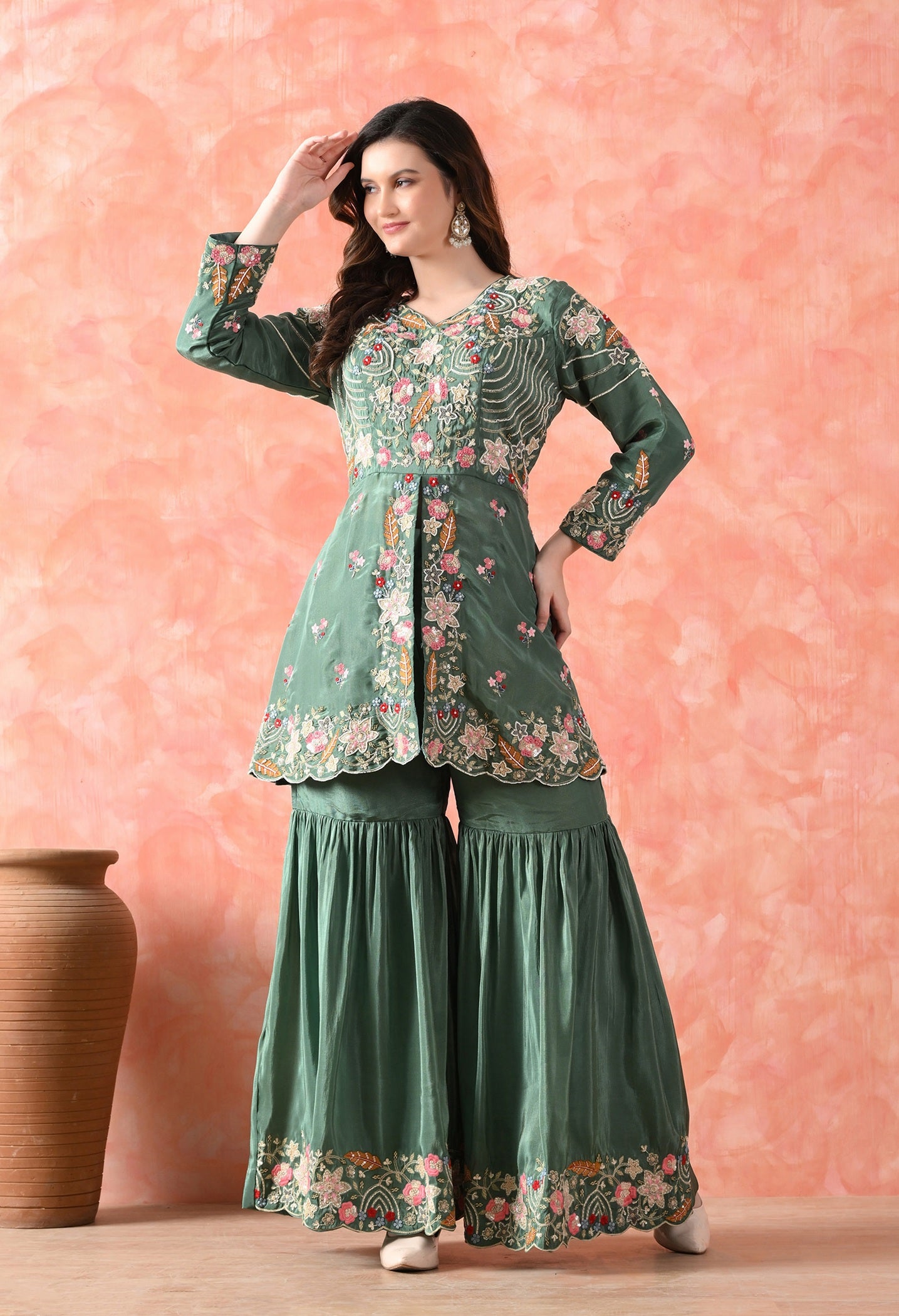 Green Thread Work Tissue Crepe Gharara Set