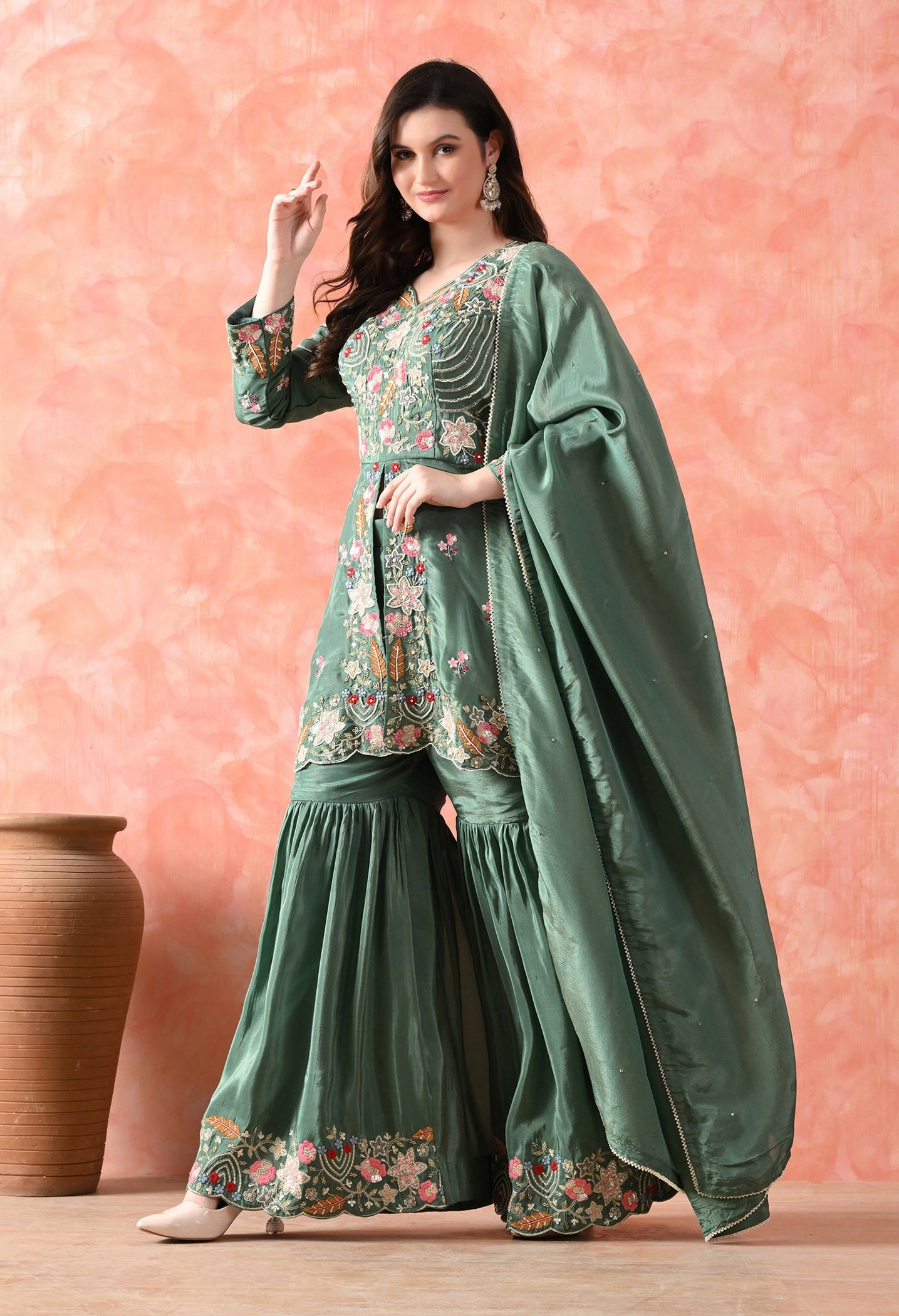 Green Thread Work Tissue Crepe Gharara Set