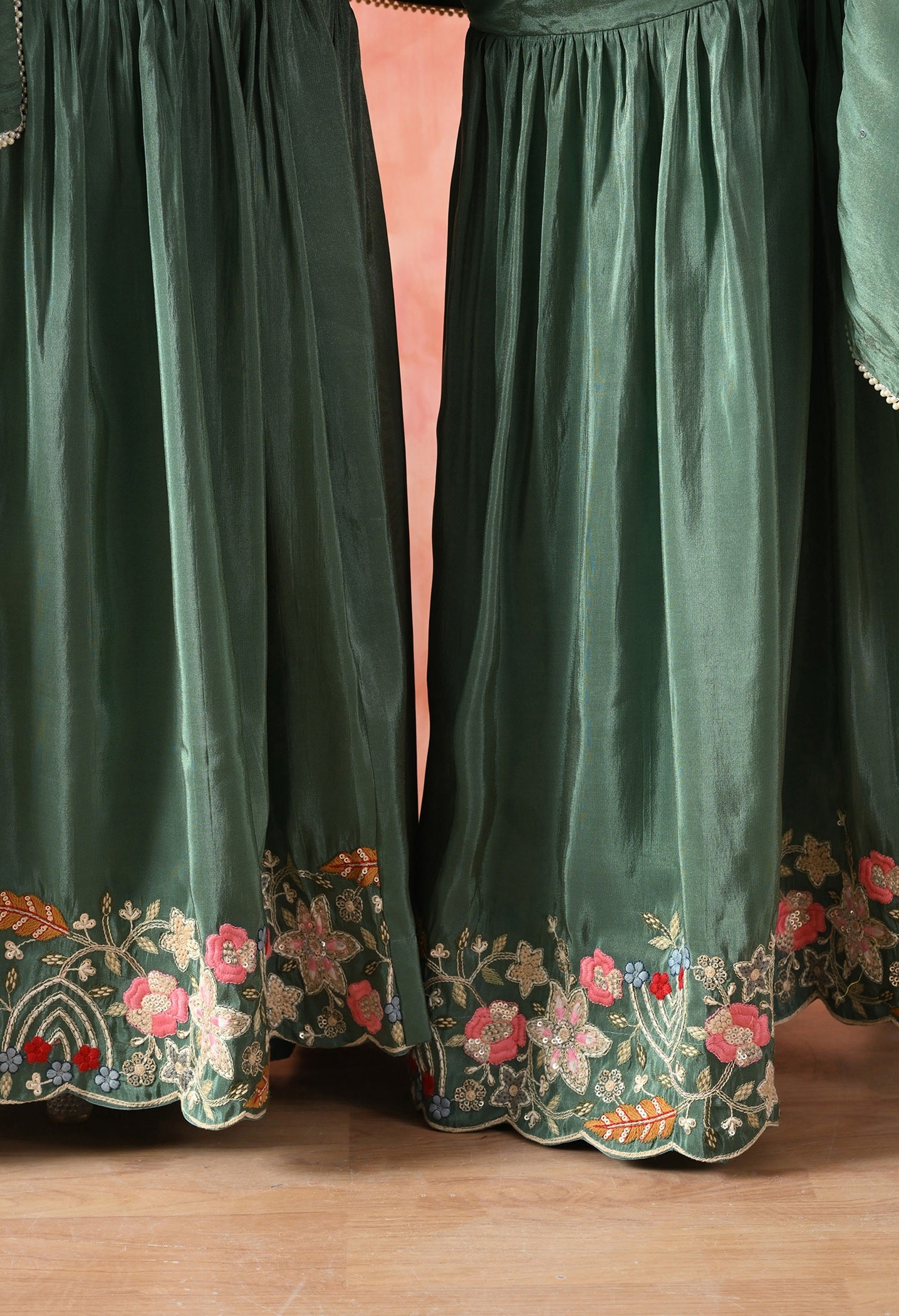 Green Thread Work Tissue Crepe Gharara Set