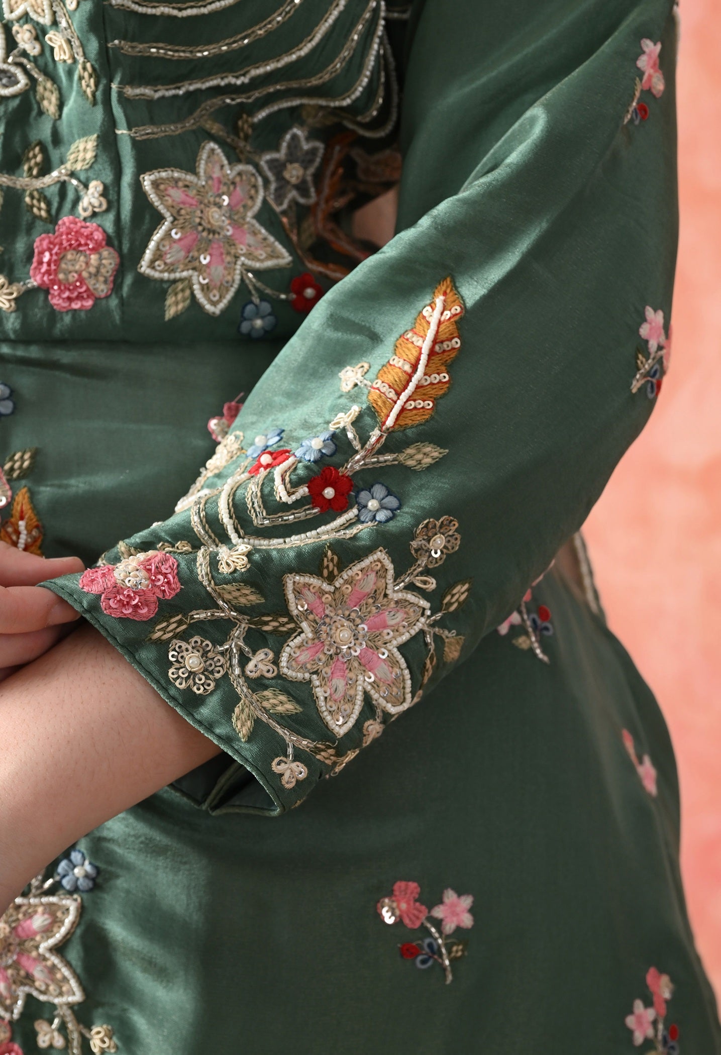 Green Thread Work Tissue Crepe Gharara Set
