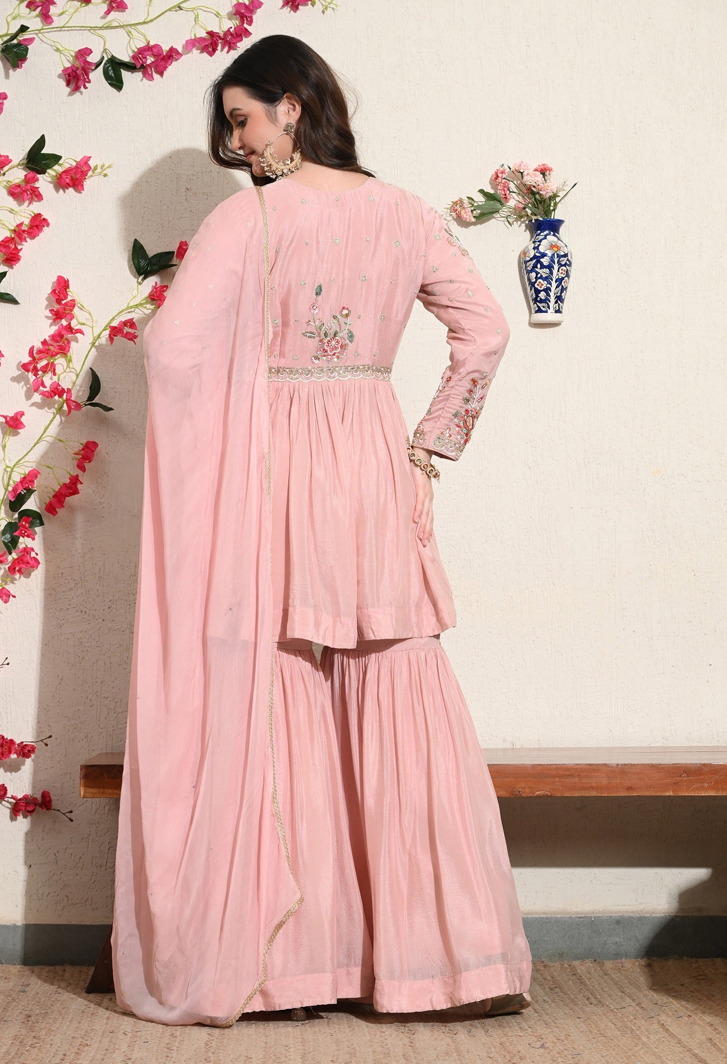 Pink Chinon Thread & Pearl Sharara Set