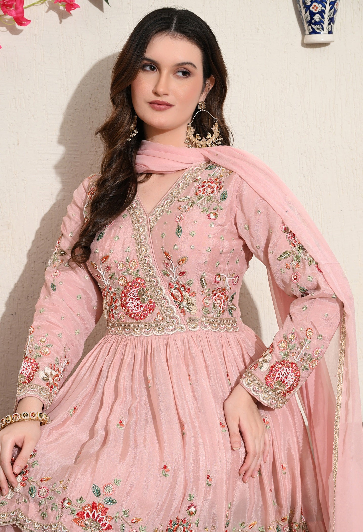 Pink Chinon Thread & Pearl Sharara Set