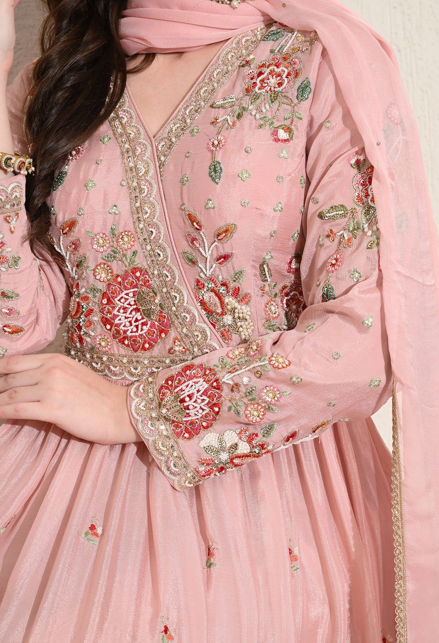 Pink Chinon Thread & Pearl Sharara Set