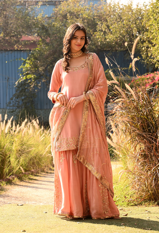 Peach Zardozi Gharara Set with Organza Dupatta