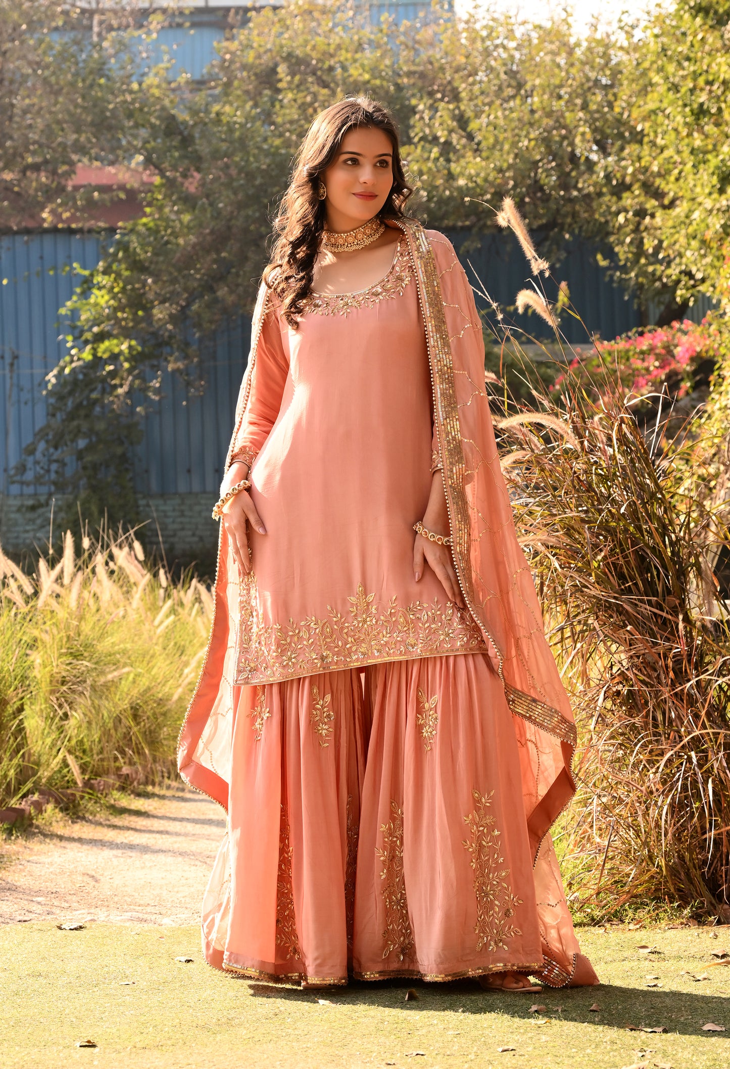 Peach Zardozi Gharara Set with Organza Dupatta
