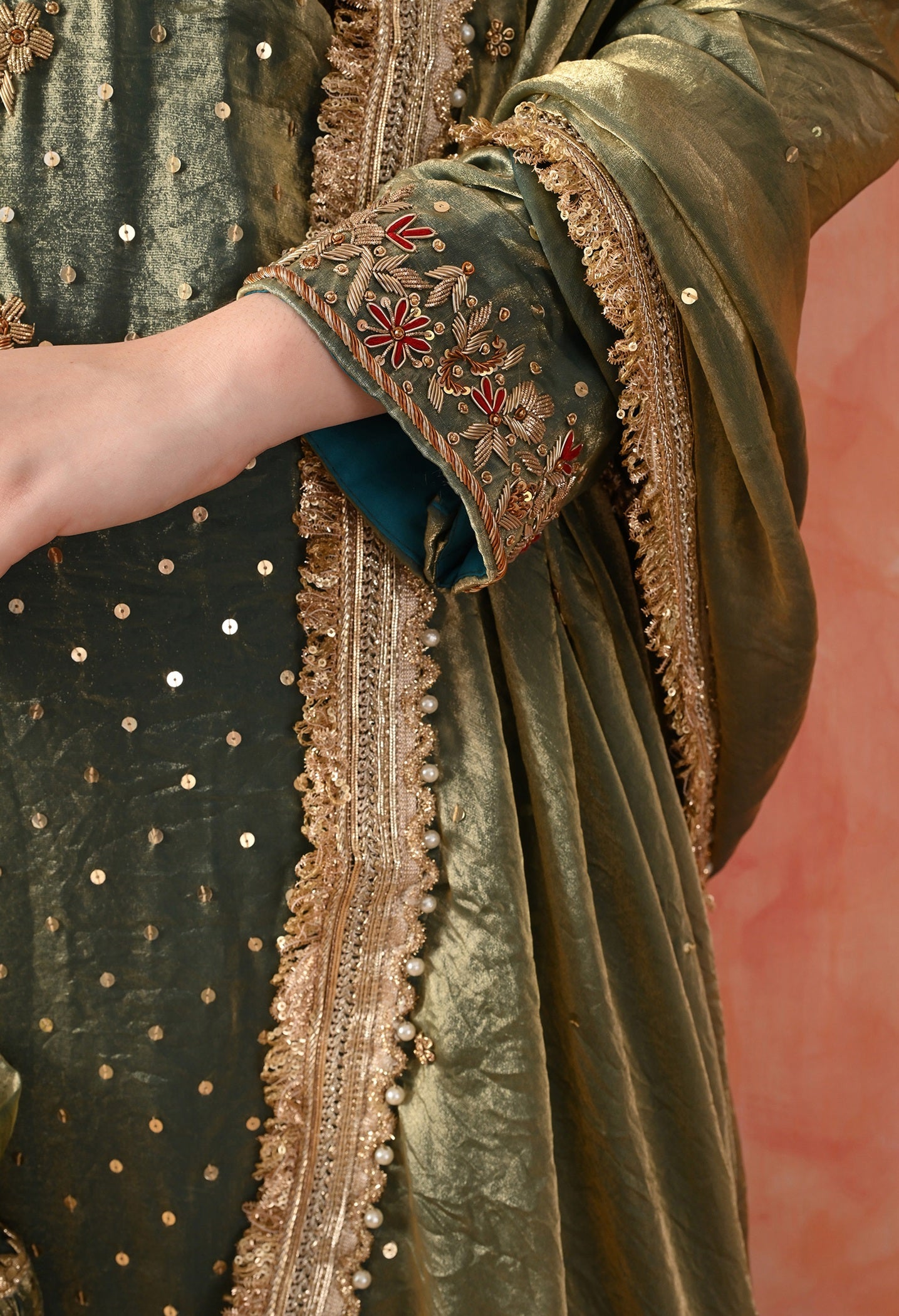 Green Sharara Set with Zardozi & Pearl Detailing