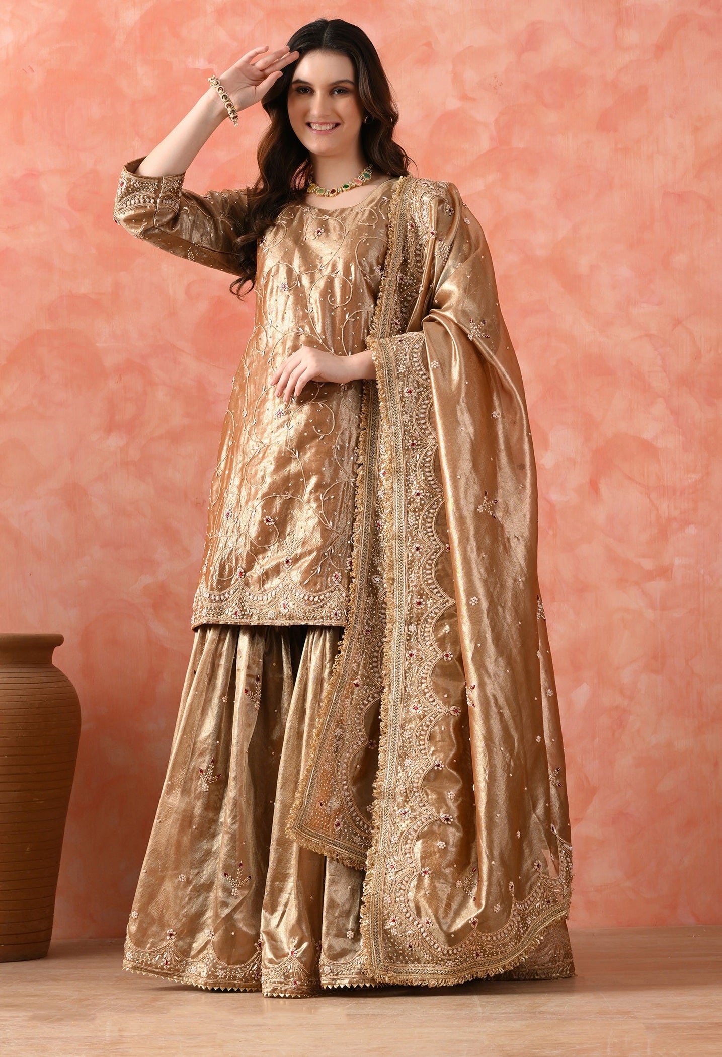 Golden Gharara Set with Zardozi & Kundan Embroidery