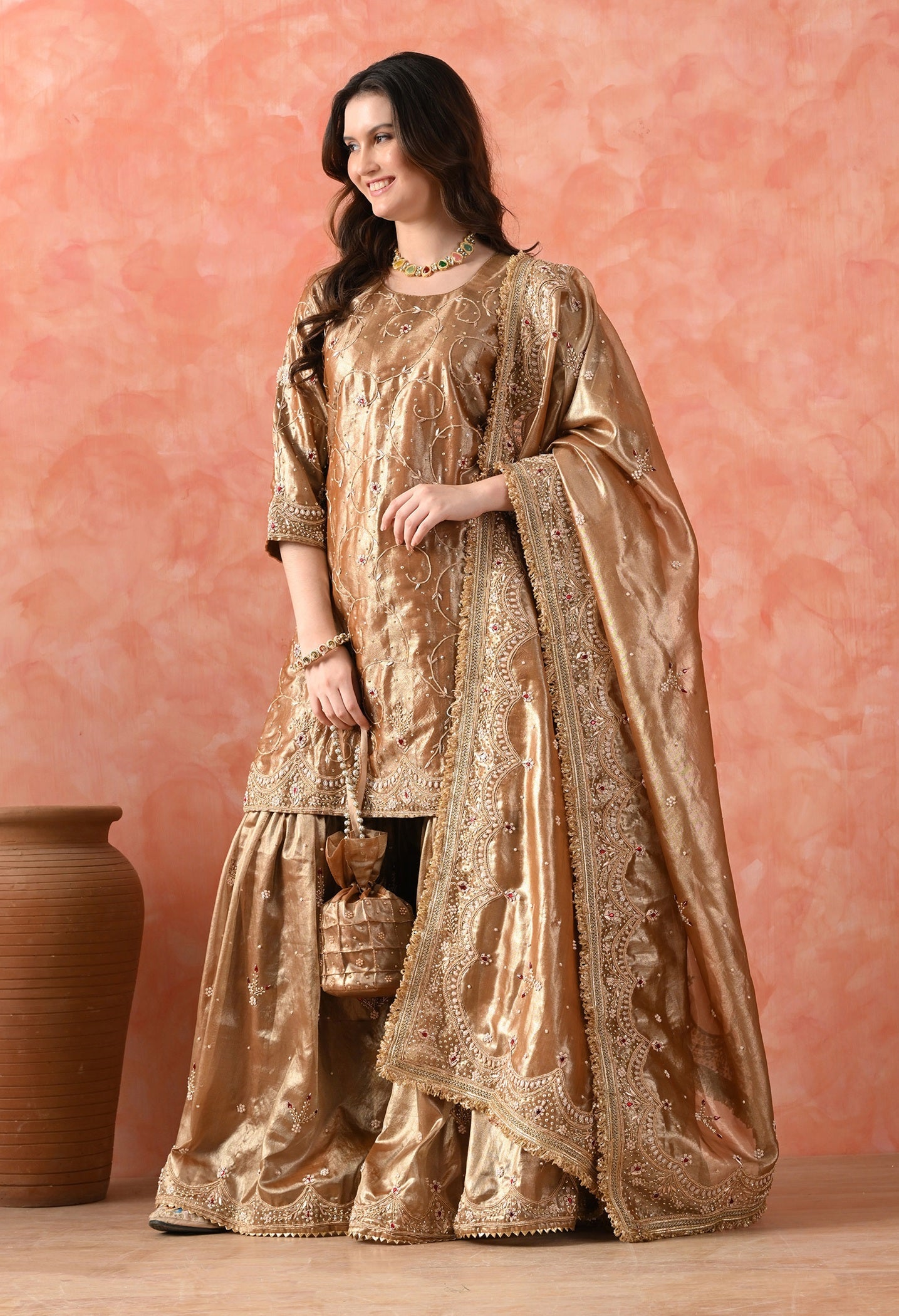 Golden Gharara Set with Zardozi & Kundan Embroidery