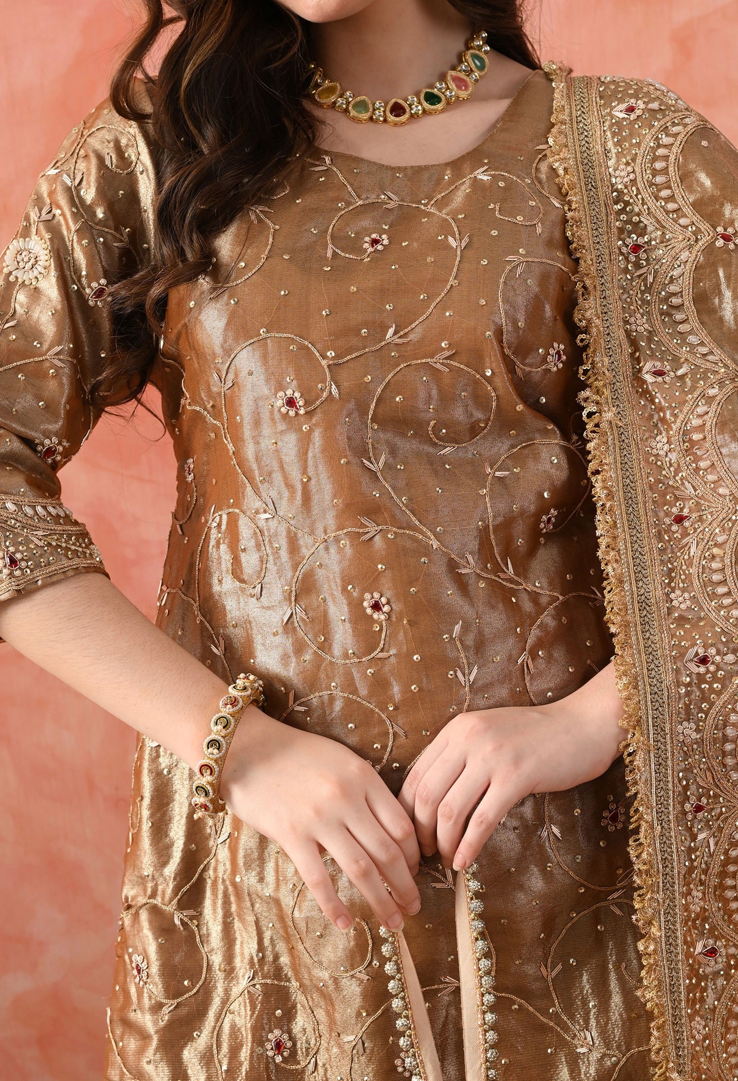 Golden Gharara Set with Zardozi & Kundan Embroidery