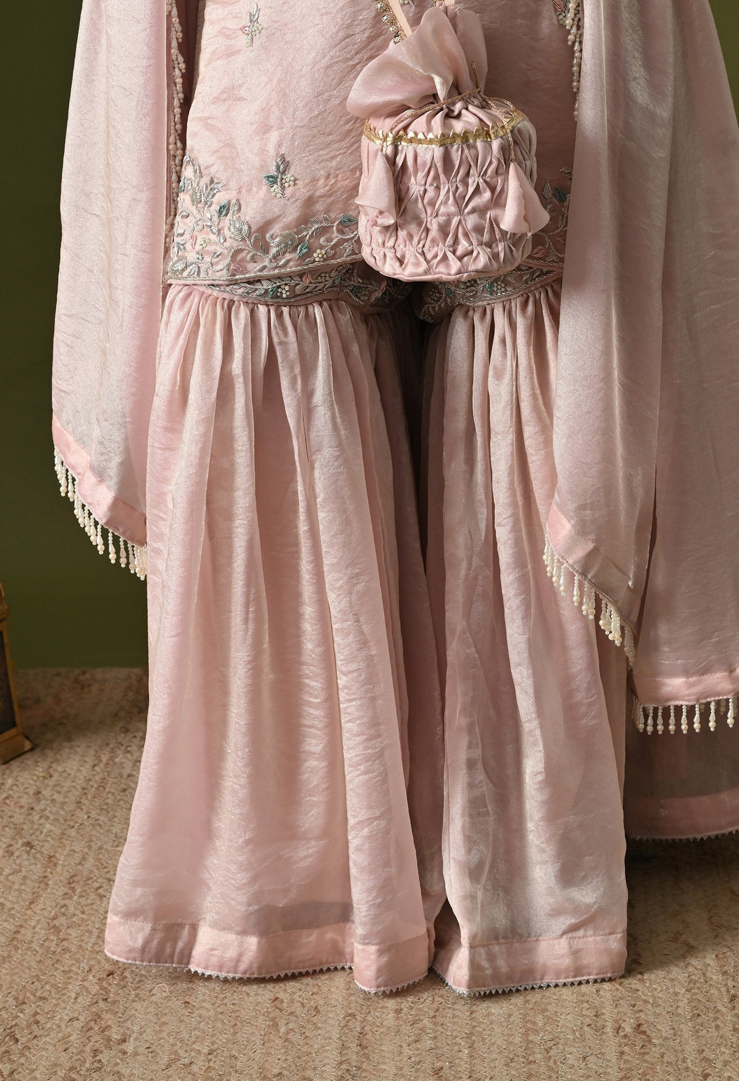 Baby Pink Glass Silk Zardozi–Pearl–Sequin Sharara Set