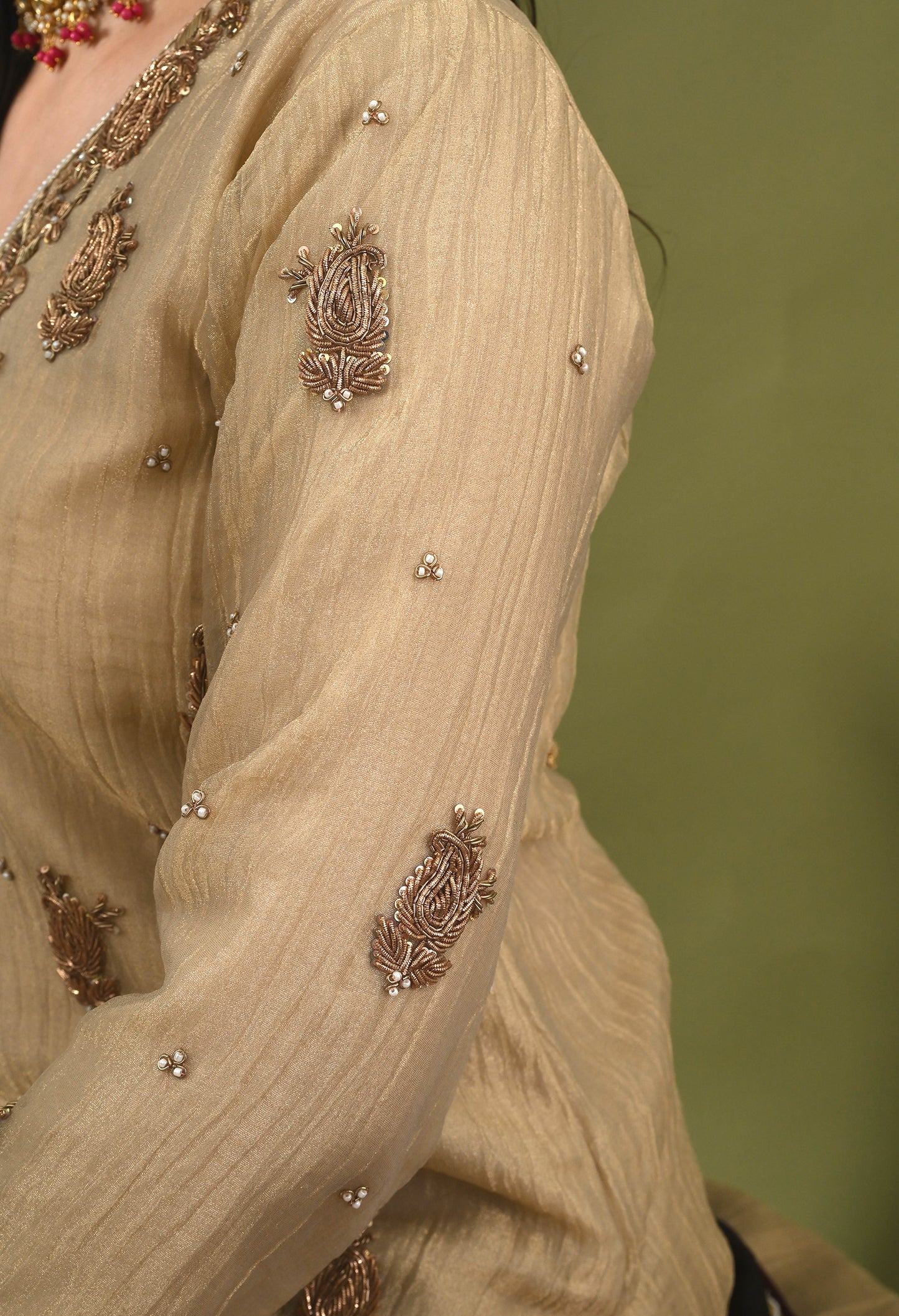 Golden Crushed Tissue & Glass Silk Zardozi–Sequin–Pearl Sharara Set