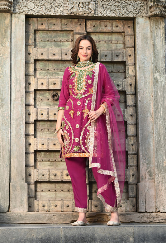 Red Net Kurta Set with Crystal Applique Embroidery