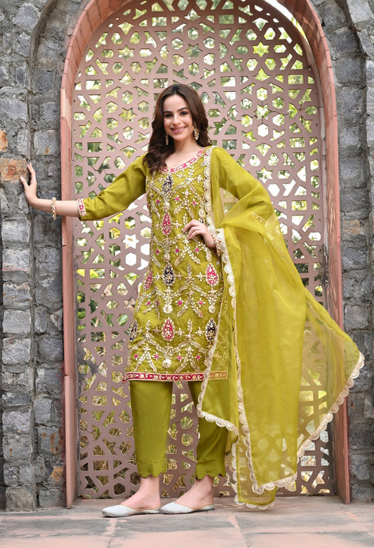Green Organza Kurta Set with Crystal and Dabka Work