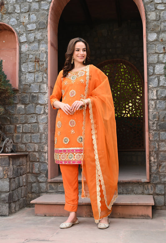 Orange Organza Kurta Set with Pearl Embroidery