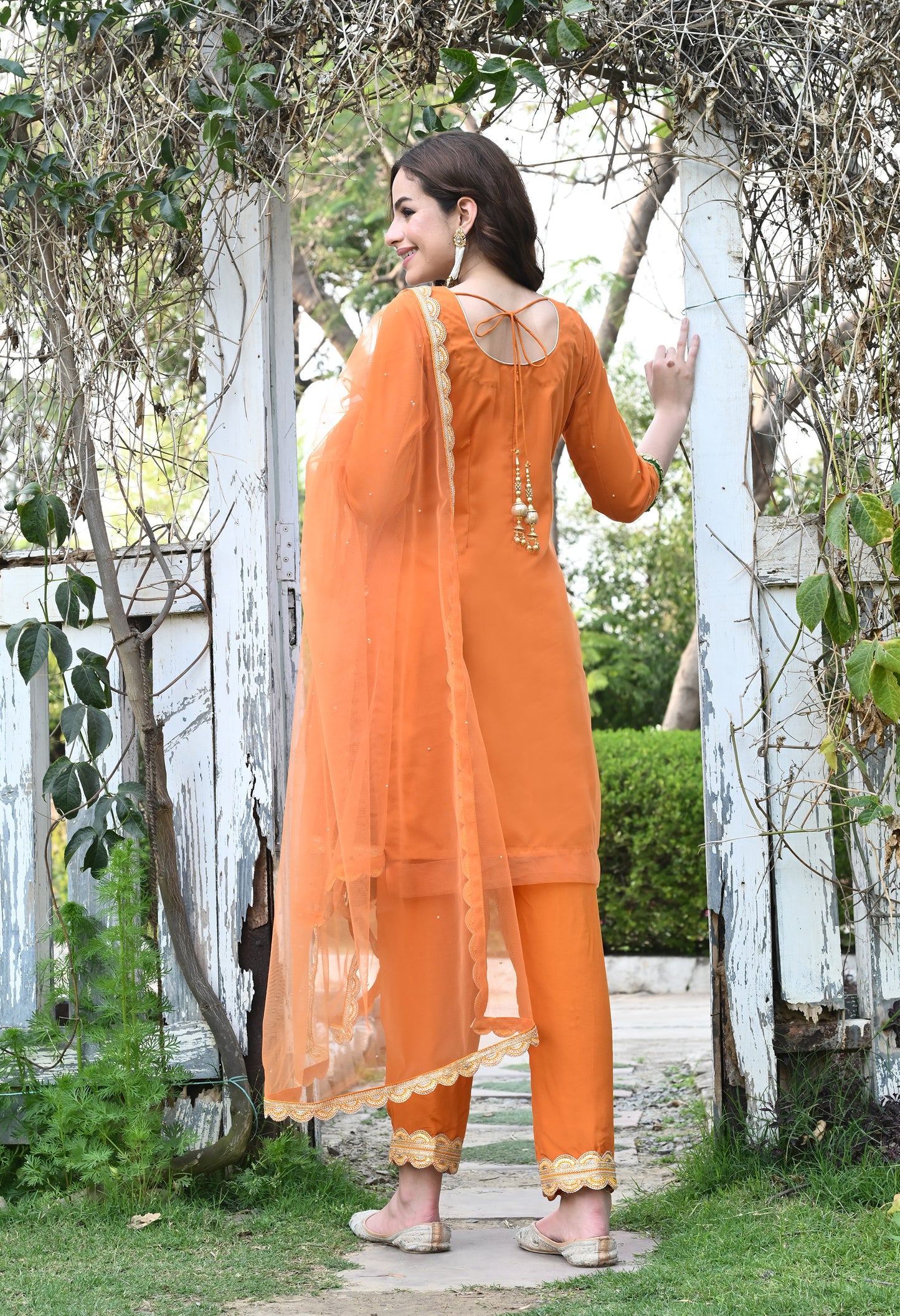Orange Net Kurta Set with Crystal and Applique Work