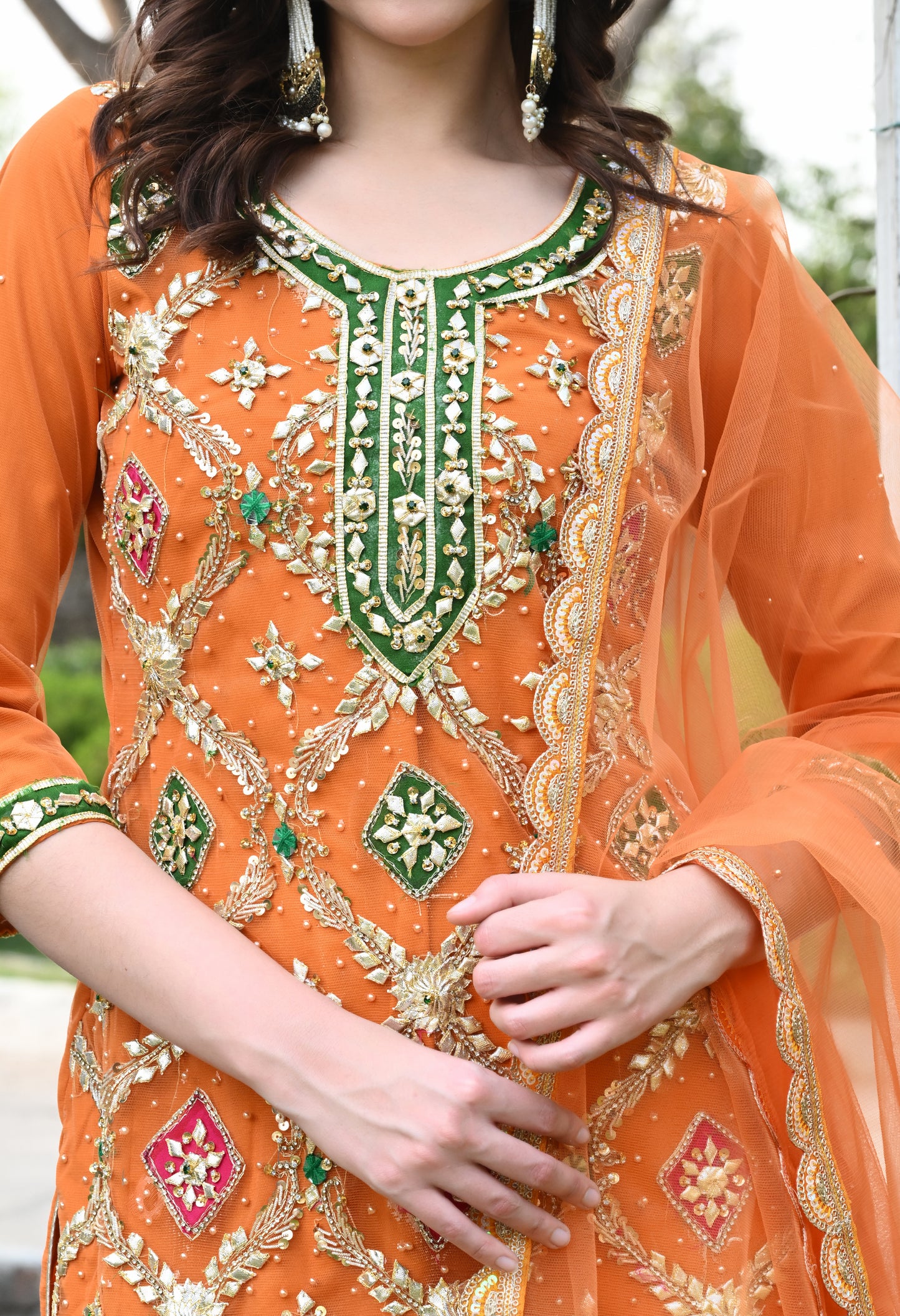 Orange Net Kurta Set with Crystal and Applique Work