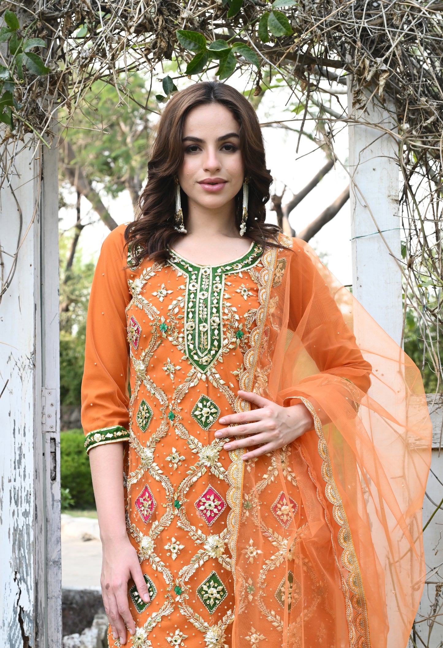 Orange Net Kurta Set with Crystal and Applique Work