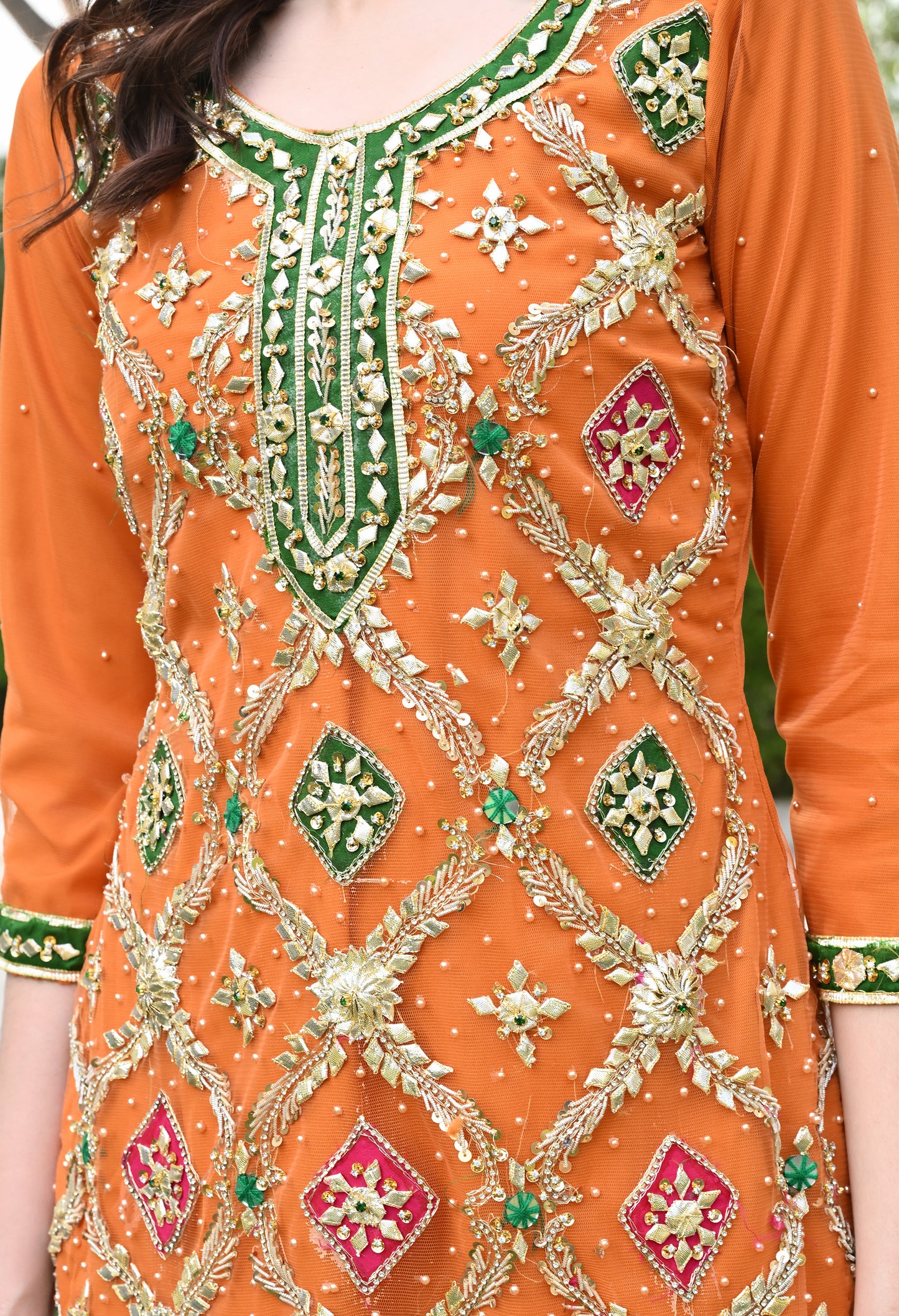 Orange Net Kurta Set with Crystal and Applique Work