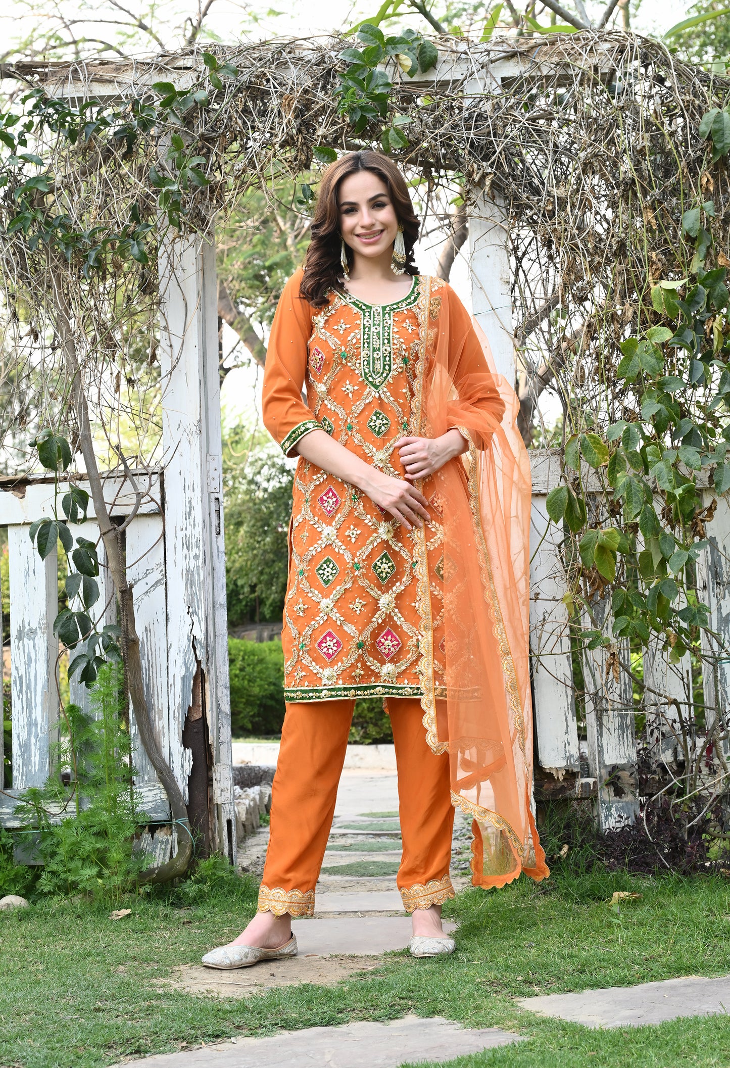 Orange Net Kurta Set with Crystal and Applique Work