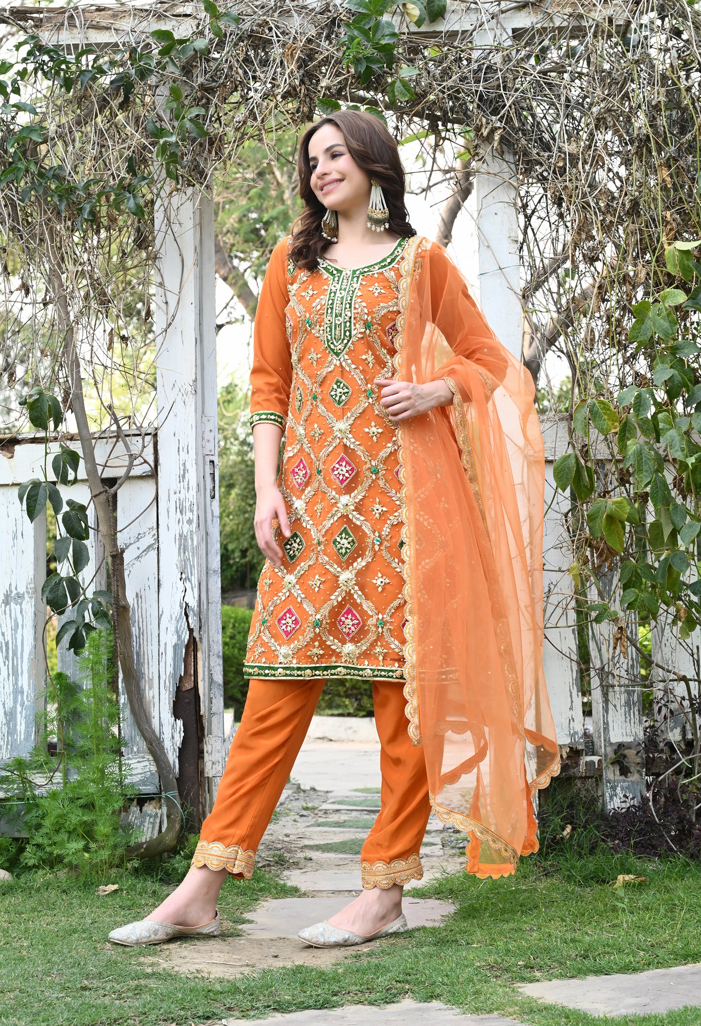 Orange Net Kurta Set with Crystal and Applique Work
