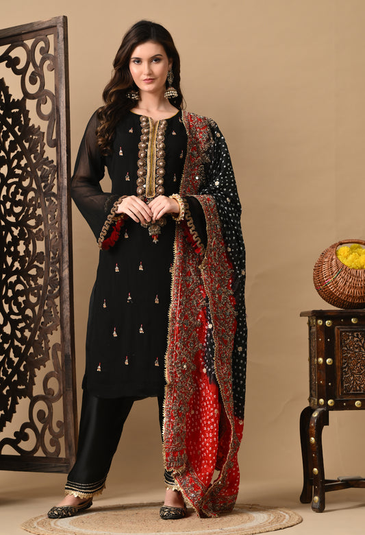 Black Chiffon Kurta Set with Mirror and Gota Work