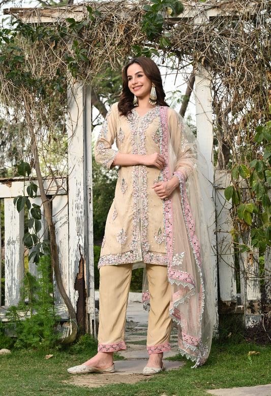 Golden Net Kurta Set with Sequins and Thread Detailing