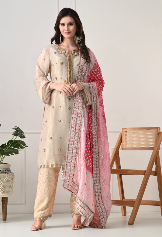Golden Tissue Kurta Set with Zardozi and Brocade Pants