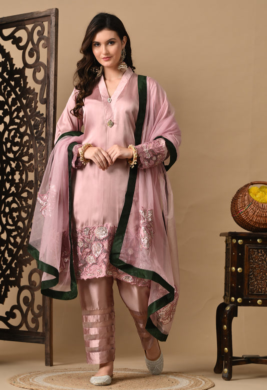 Pink Silk Kurta Set with Pearl and Thread Embroidery