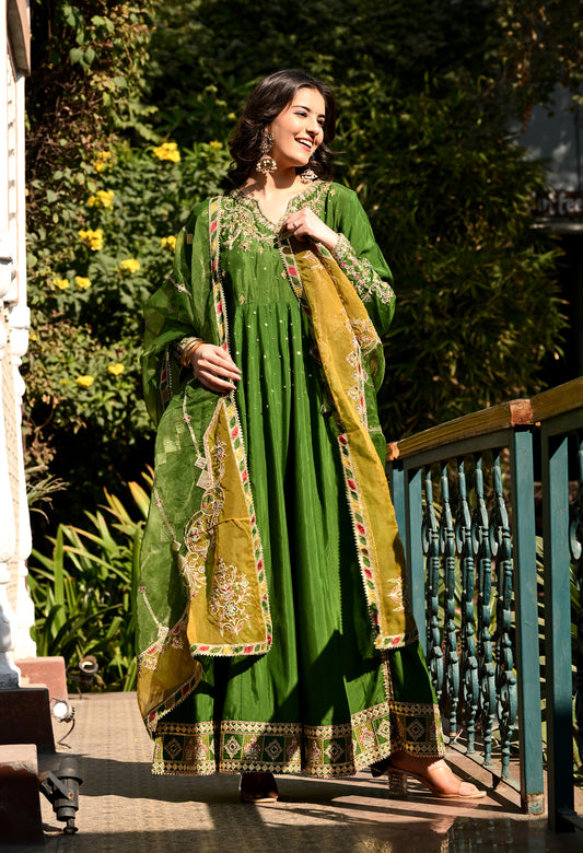 Green Silk Anarkali Set with Zardozi & Appliqué Embroidery