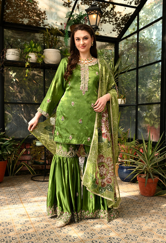 Green Silk Gharara Set with Zardozi & Cutdana Embroidery