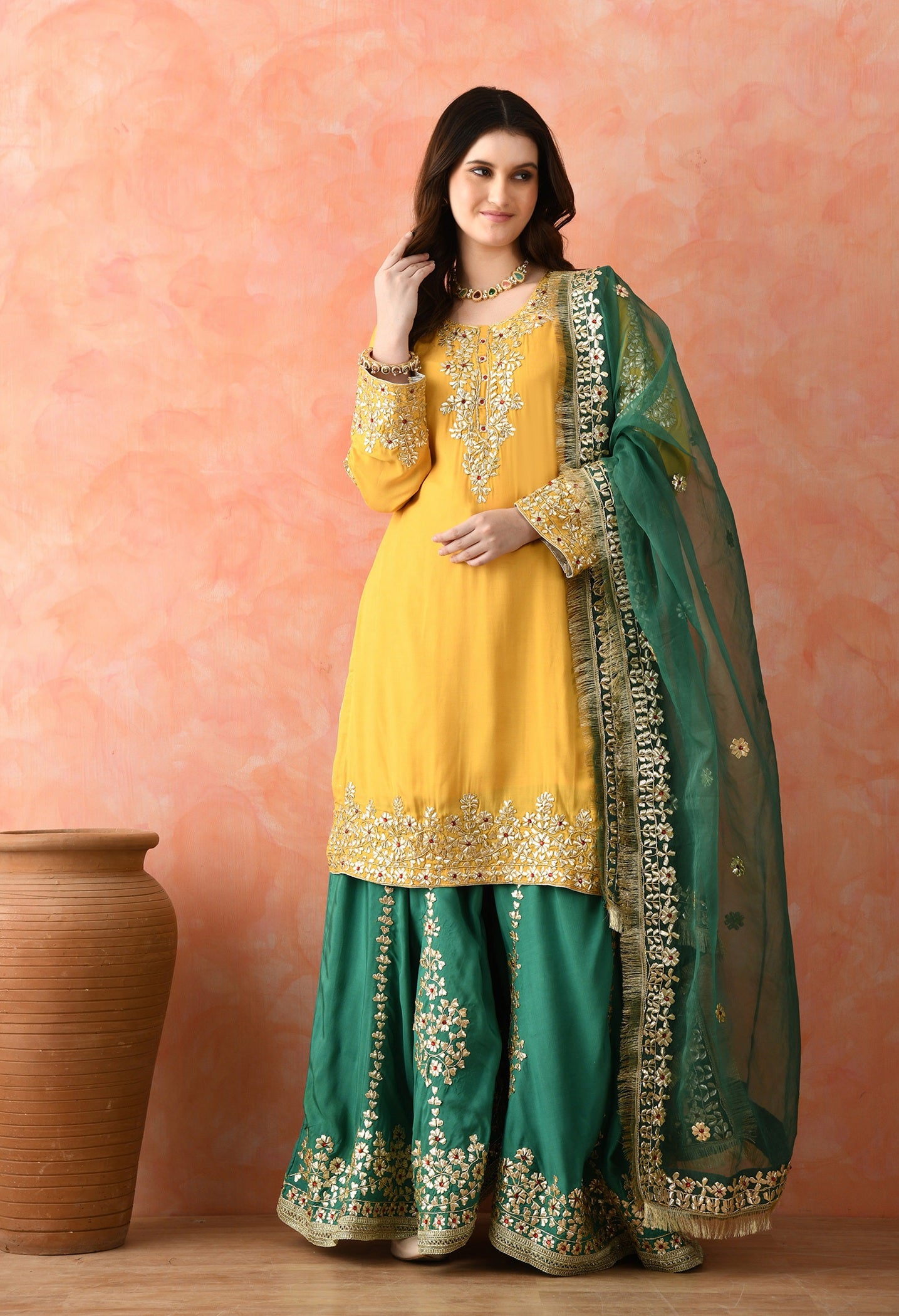 Yellow Gotta Sharara Set with Crystal Detailing