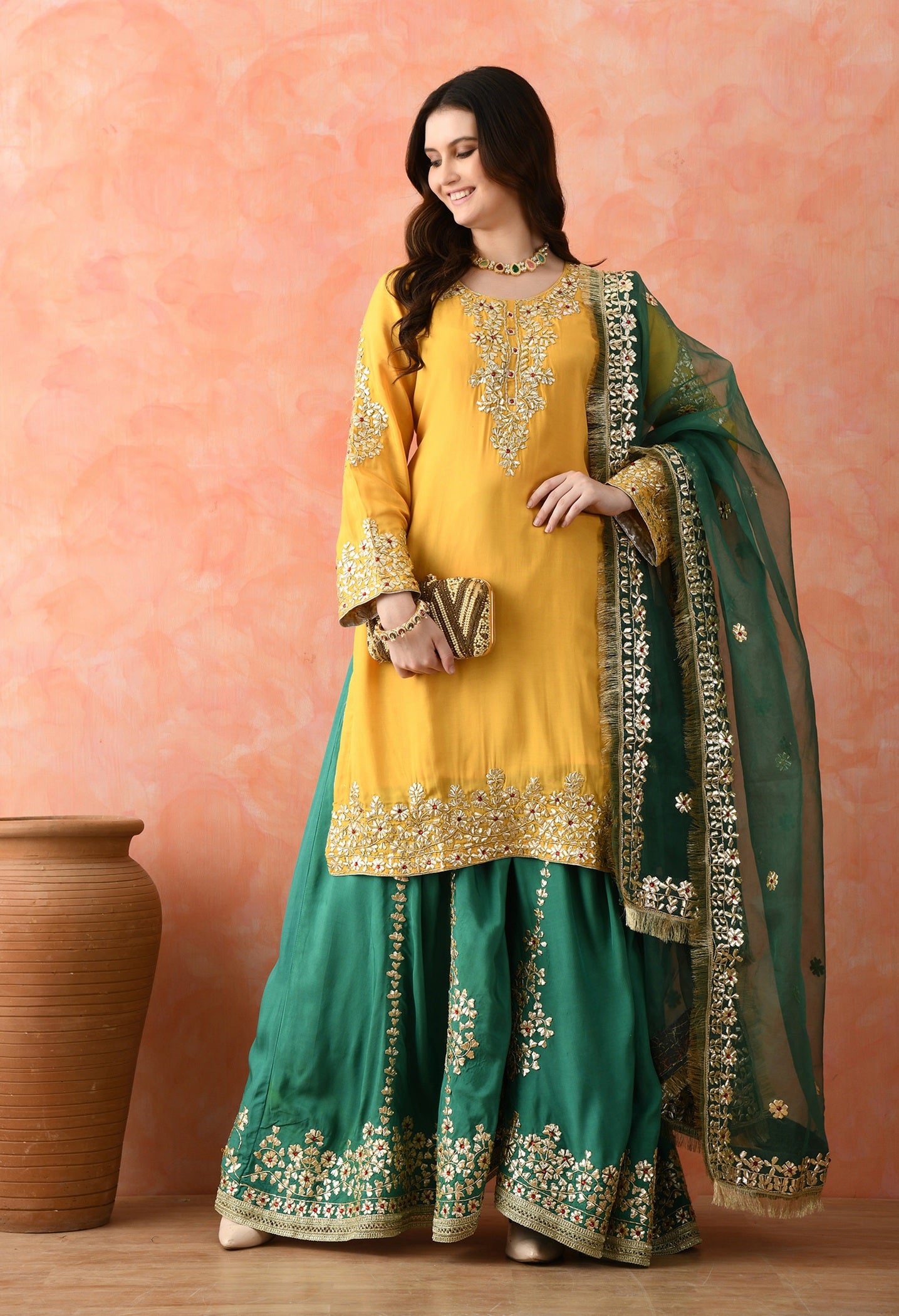 Yellow Gotta Sharara Set with Crystal Detailing