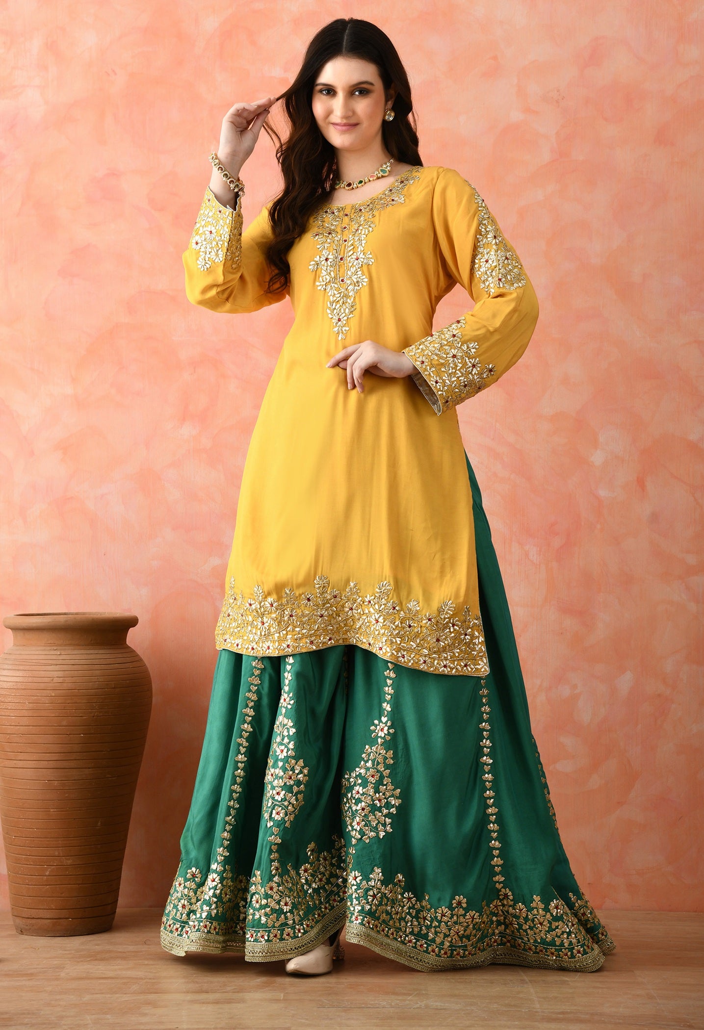 Yellow Gotta Sharara Set with Crystal Detailing