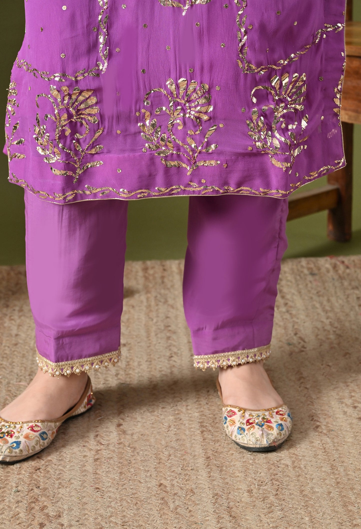Lavender Purple Georgette & Crepe Mukaish Kurta Set