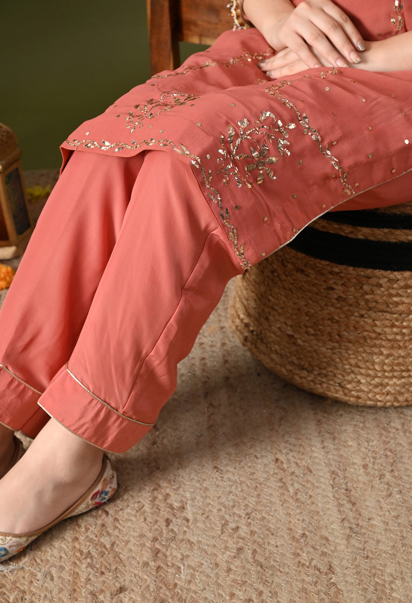 Peach Georgette & Crepe Mukaish Kurta Set