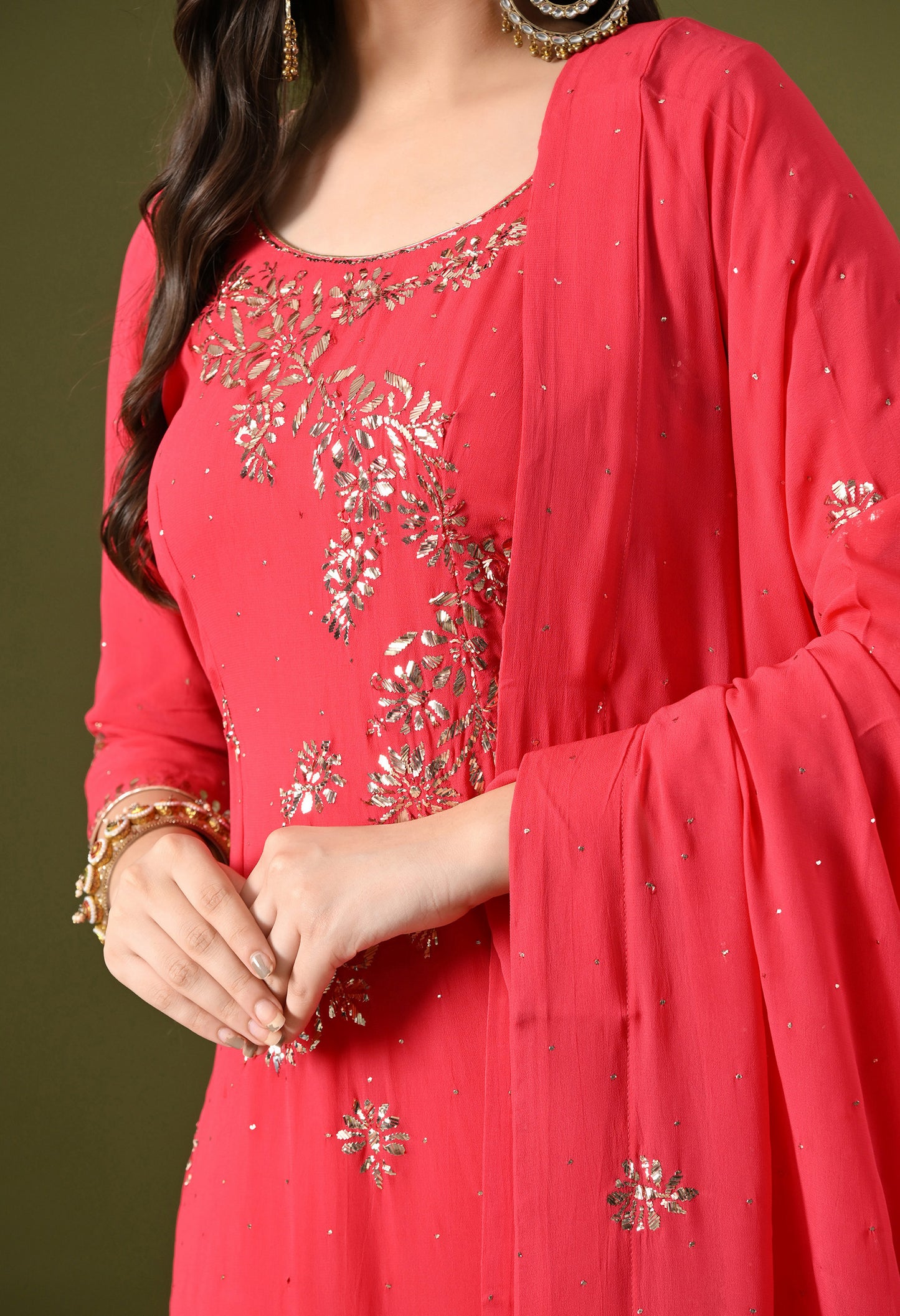 Pinkish Red Georgette & Crepe Mukaish Kurta Set