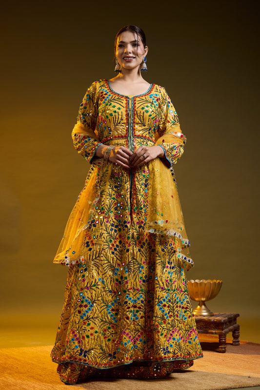 Yellow Lehnga ( With Jacket ) embroided with Thread, Mirror, and Sequence Work