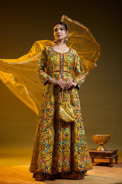 Yellow Lehnga ( With Jacket ) embroided with Thread, Mirror, and Sequence Work